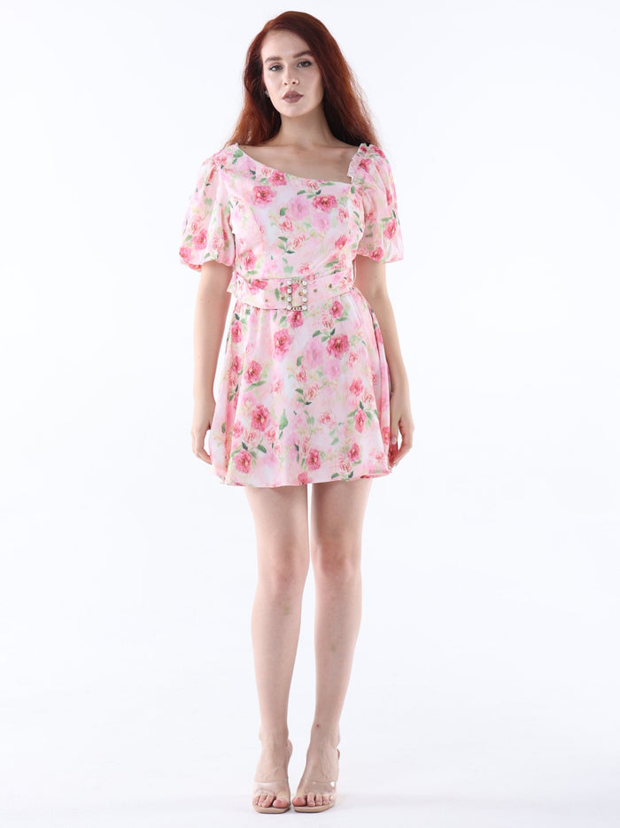 Asymmetric Floral Mini Dress