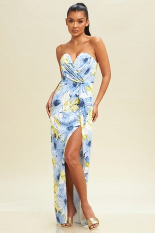 Floral Strapless High Slit Maxi