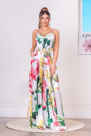 Satin Leaf Print Jumpsuit