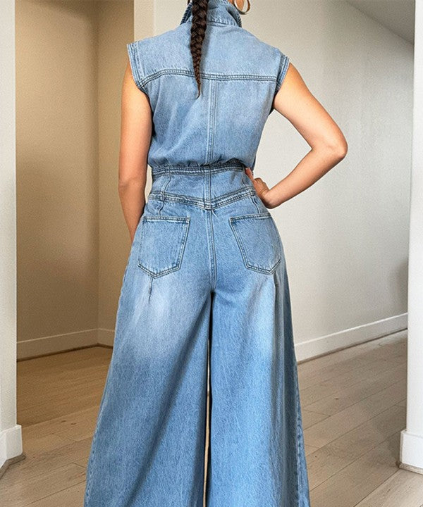 Washed Denim Wide Leg Jumpsuit