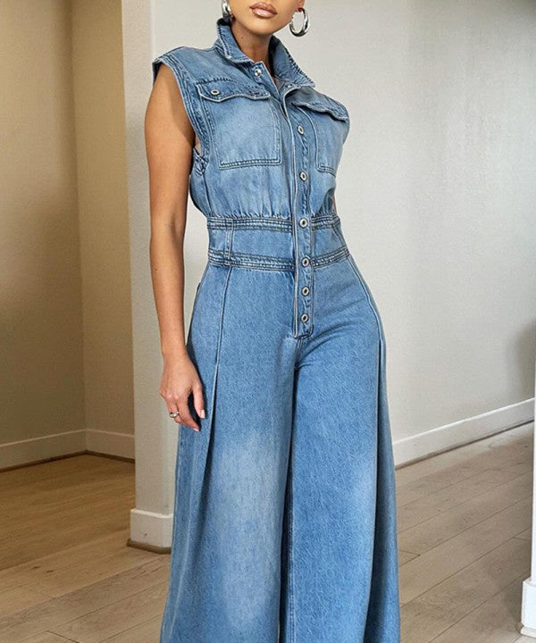 Washed Denim Wide Leg Jumpsuit