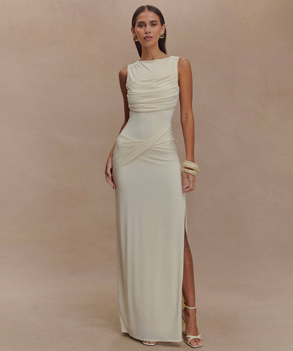 Backless Pleated Slit Dress