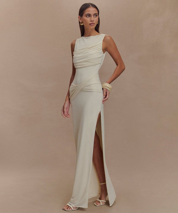 Backless Pleated Slit Dress