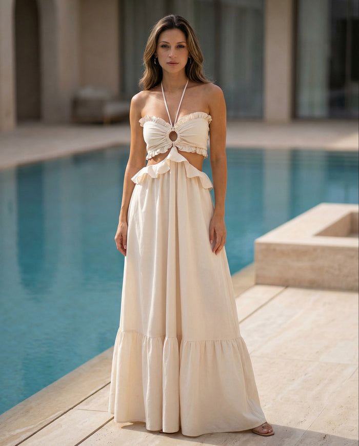 Cut-out Ruffled Halter Maxi Dress